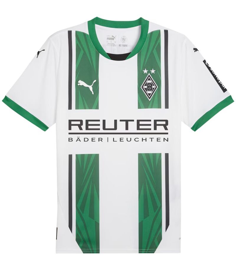 gladbach home kit in white with green stripes and black details 